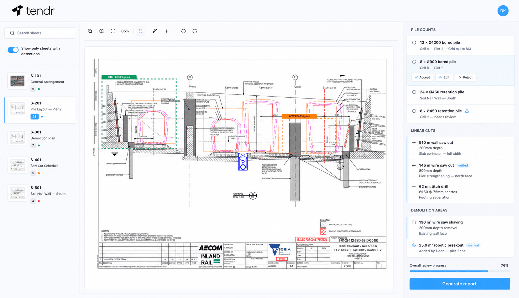 tendr's review screen: a structural drawing with pile detections overlaid and the priced takeoff lines beside it
